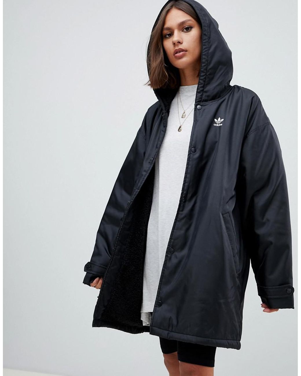 adidas Originals Hooded Coat With Back Logo In Black | Lyst