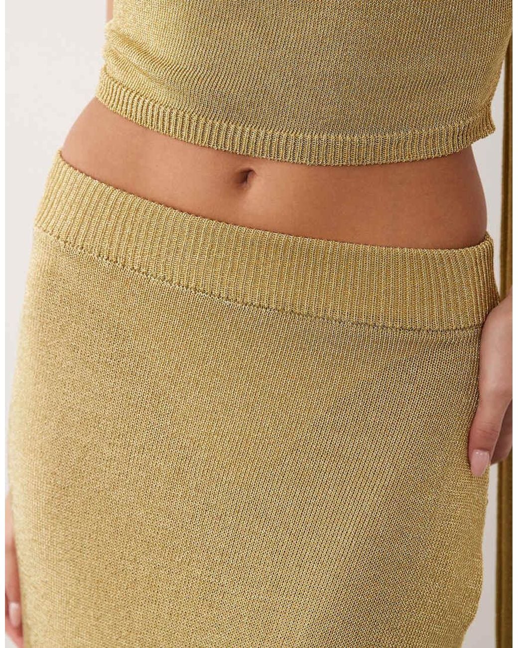 Aria Cove Natural Metallic Knit Thigh Split Maxi Skirt Co-ord