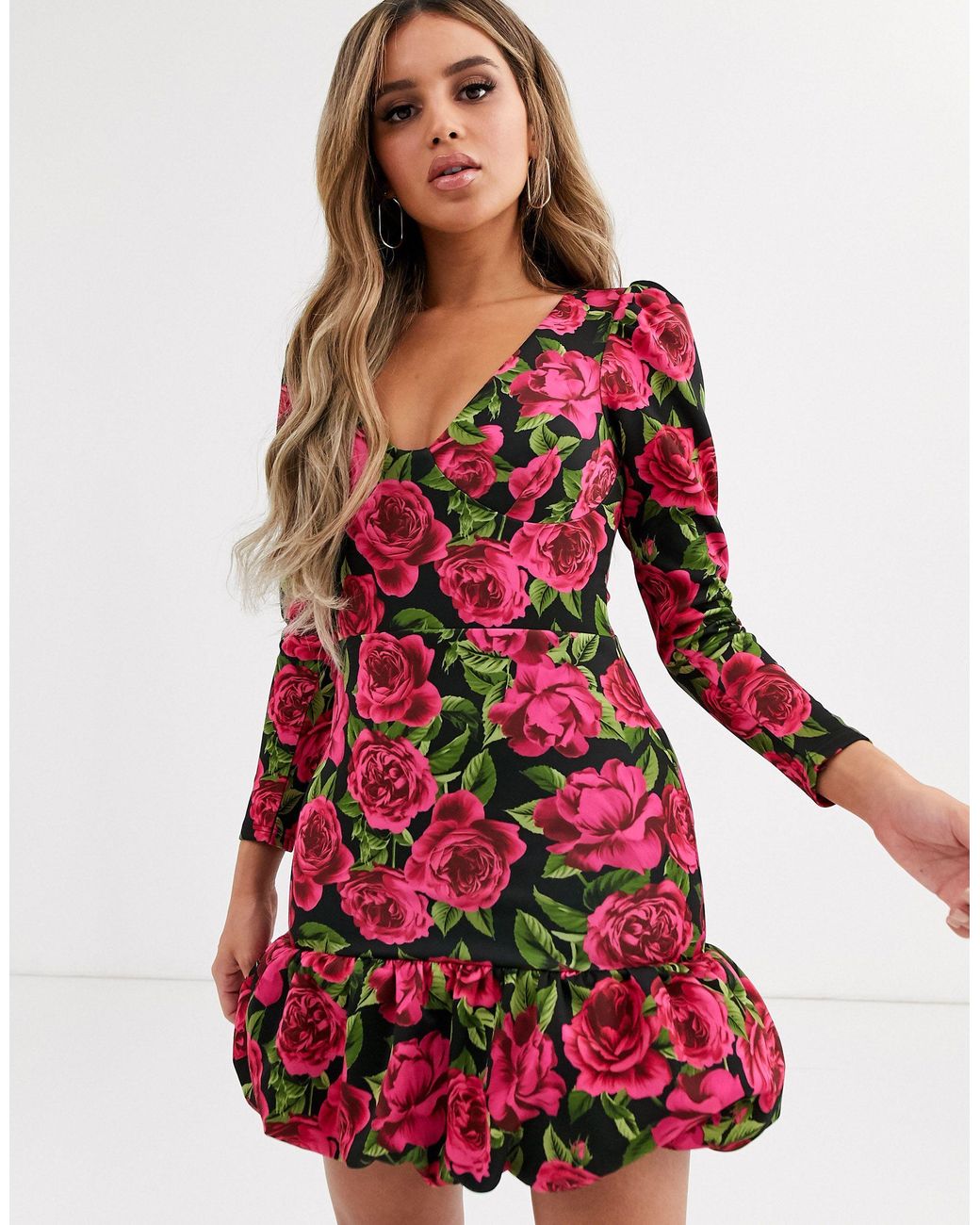 ASOS Synthetic Long Sleeve Floral Bubble Hem Mini Dress in Red - Lyst