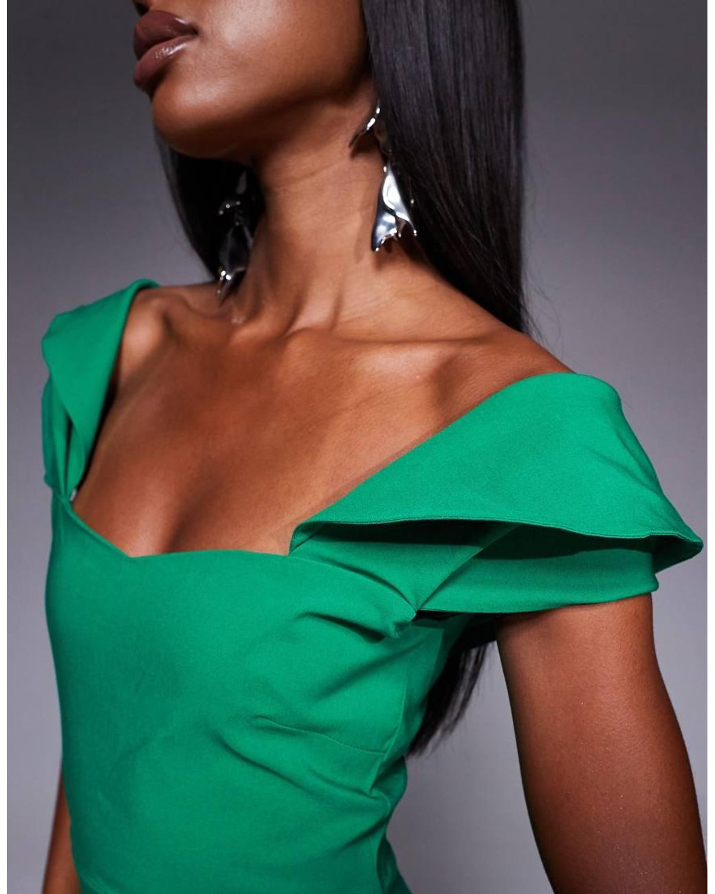 Vesper Green Bengaline Bardot Drape Sleeve Detail Midaxi Dress