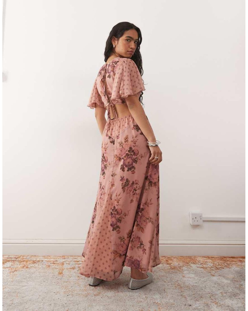 Reclaimed Vintage Pink Midi Tea Dress With Lace Trim And Flutter Sleeves
