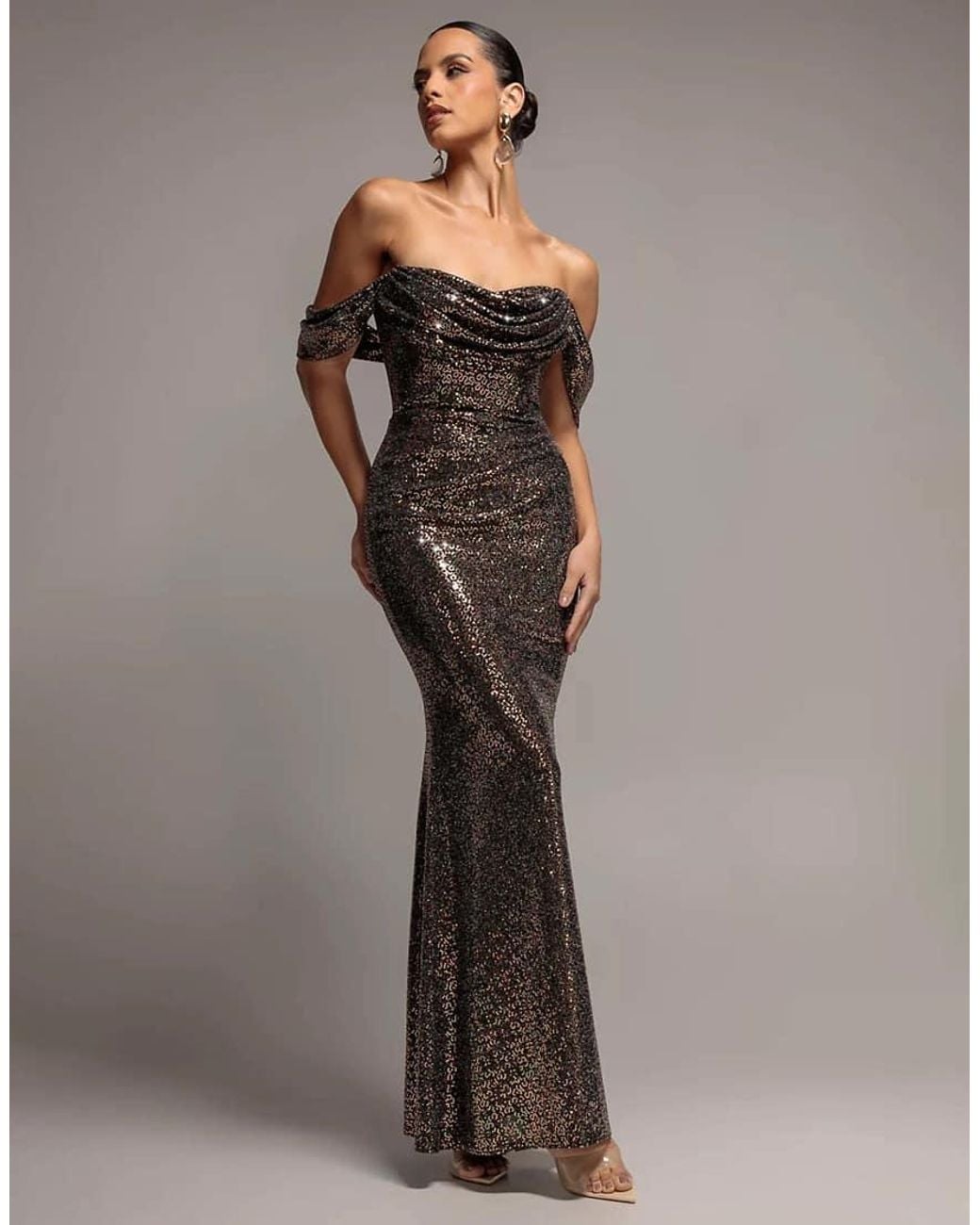 Goddiva Gray Sequin Sparkling Off Shoulder Cowl Bardot Maxi Dress