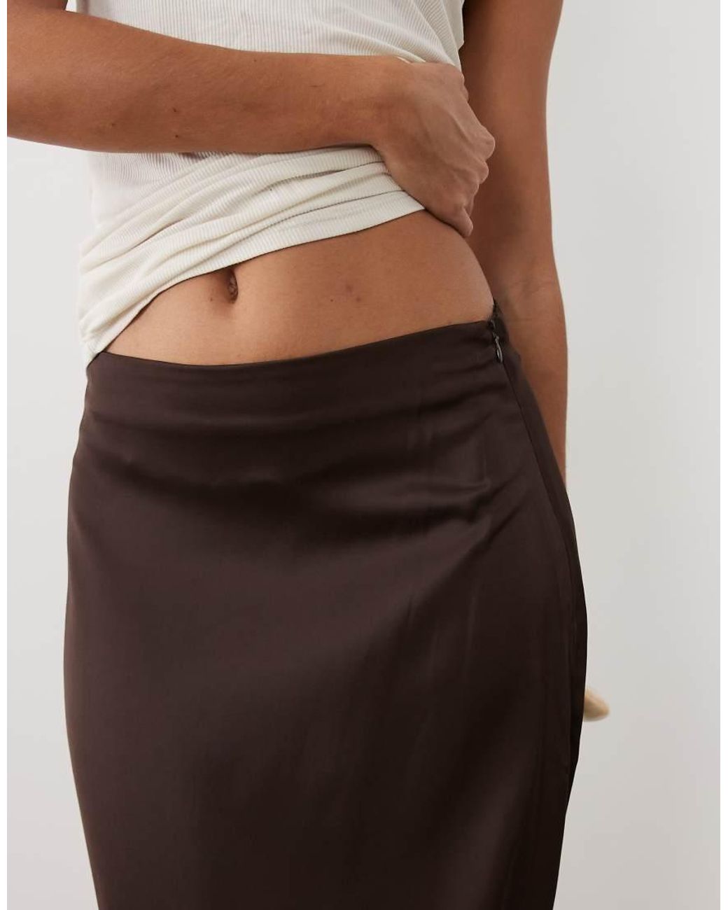Vila Natural Lace Trim Satin Midi Skirt