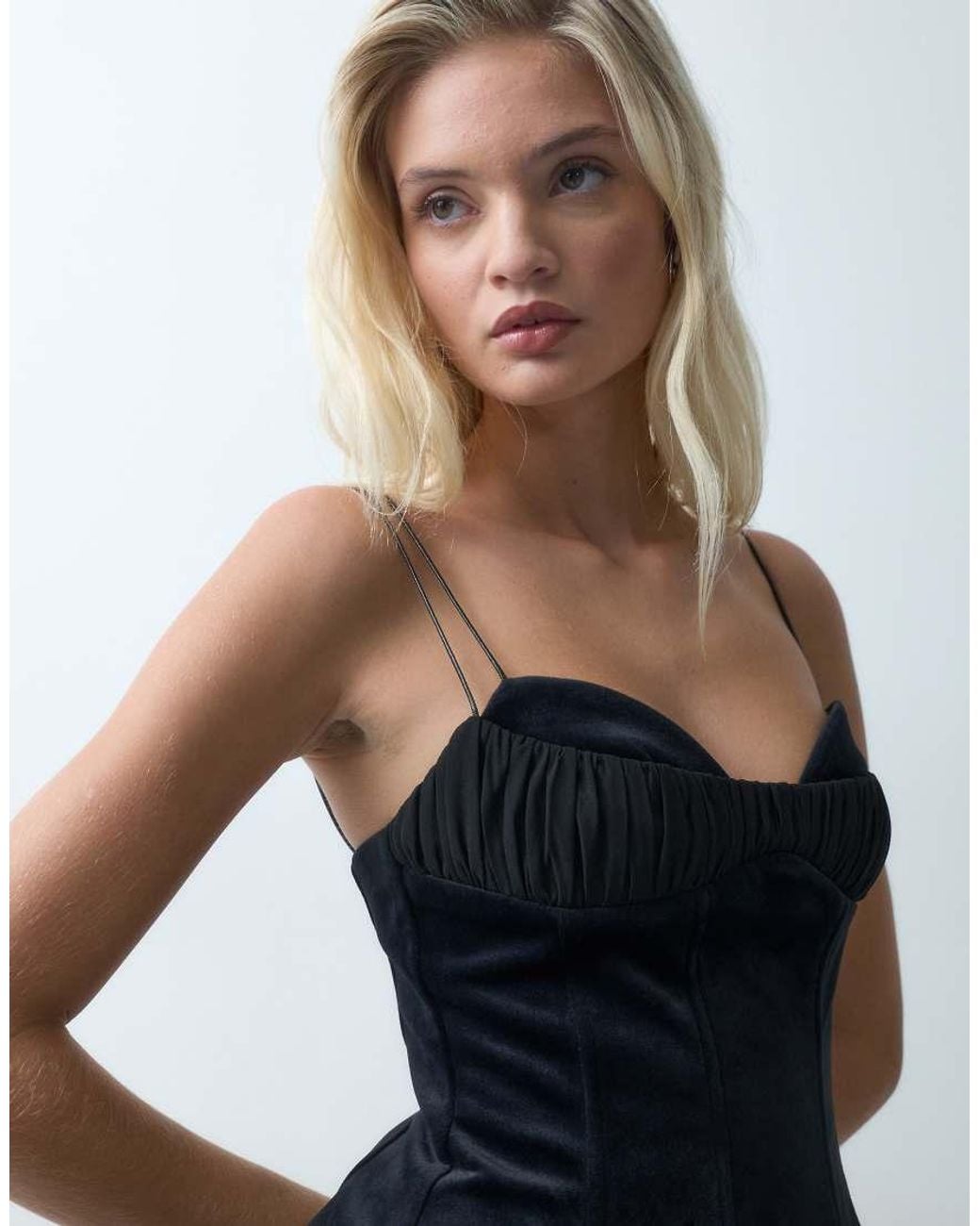 ASOS Blue Bonded Velvet Ruched Double Cup Seamed Structured Mini Dress