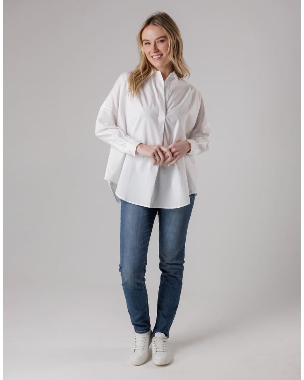 French Connection Gray Cotton Long Sleeve Poplin Popover High-Low Hem Shirt