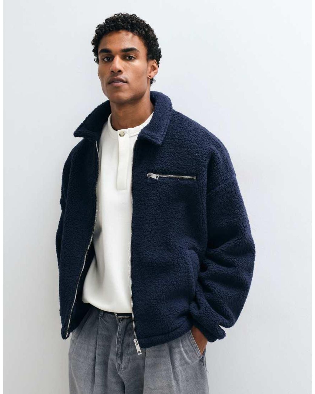 ASOS Blue Oversized Borg Fleece Zip Through Jacket for men