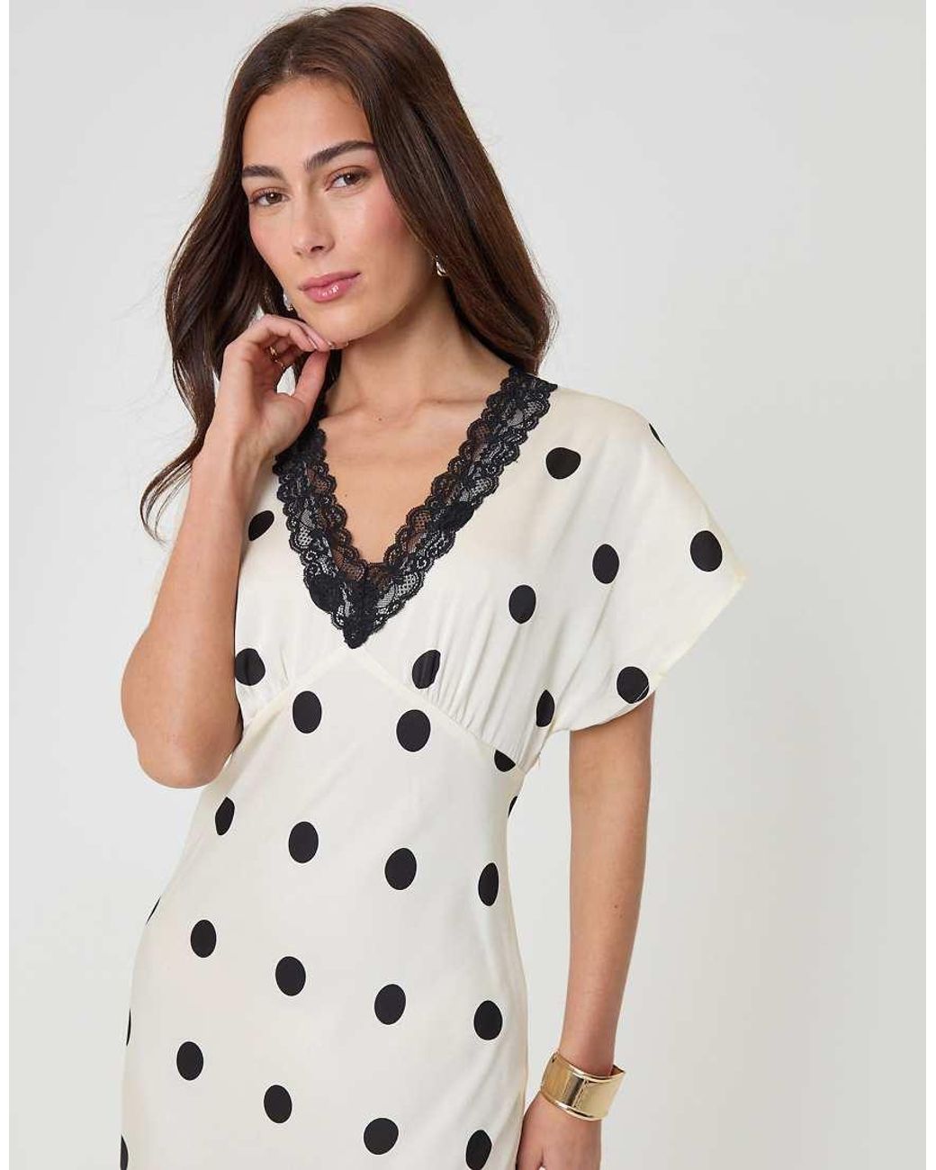 Threadbare White Polka Dot Satin Lace Trim Tea Dress