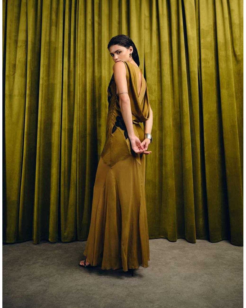 ASOS Green Satin Drape Back Lace Applique Maxi Dress With Godets