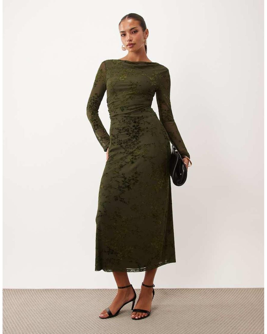 Nobody's Child Green Lana Cowl Neck Long Sleeve Ruched Midi Dress