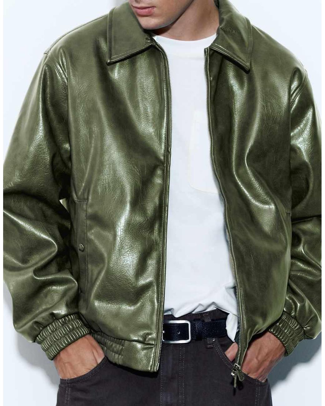 Pull&Bear Green Leather-Effect Jacket for men