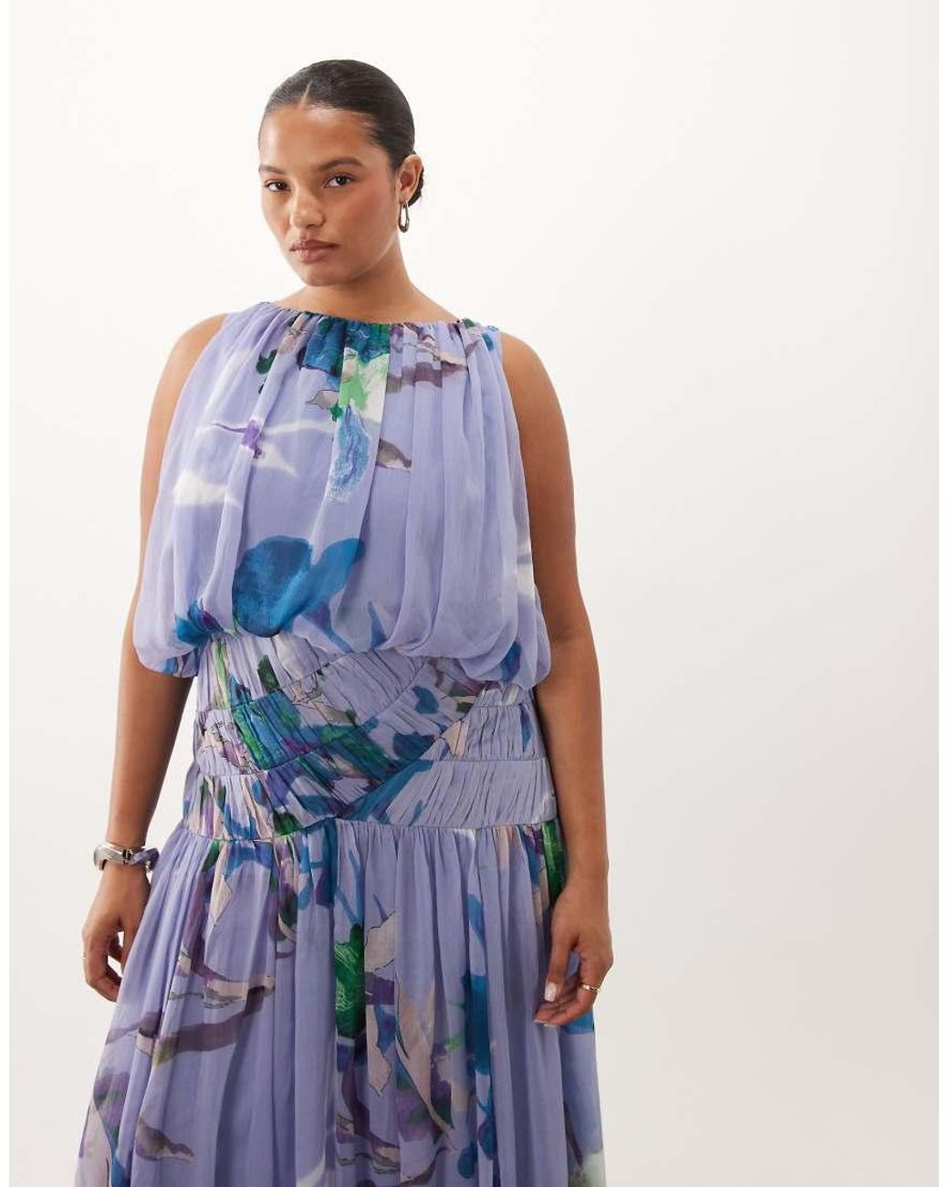 ASOS Blue Asos Design Curve Draped Gauged Ruched Waist Detail Maxi Dress