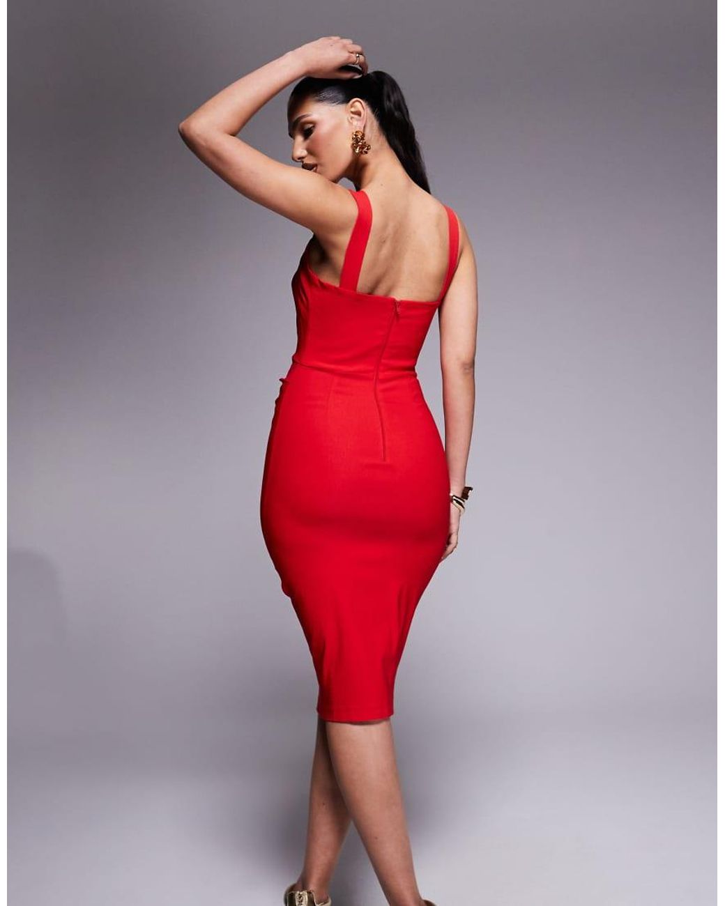 Vesper Red Square Neck Ruched Bust Bodycon Midi Dress
