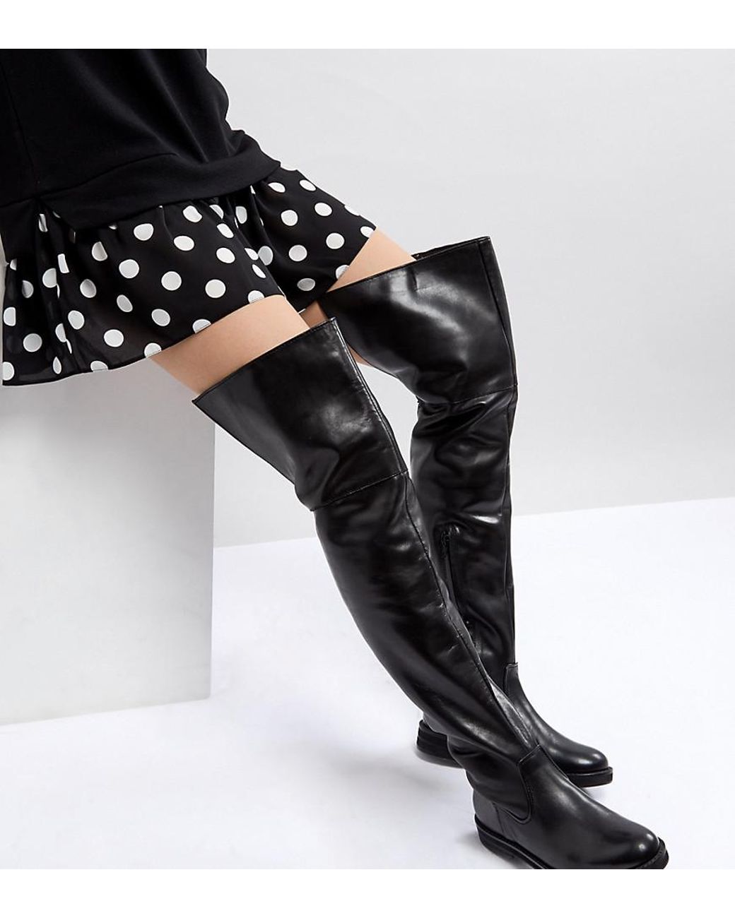 Mango Leather Flat Knee High Boot in Black | Lyst