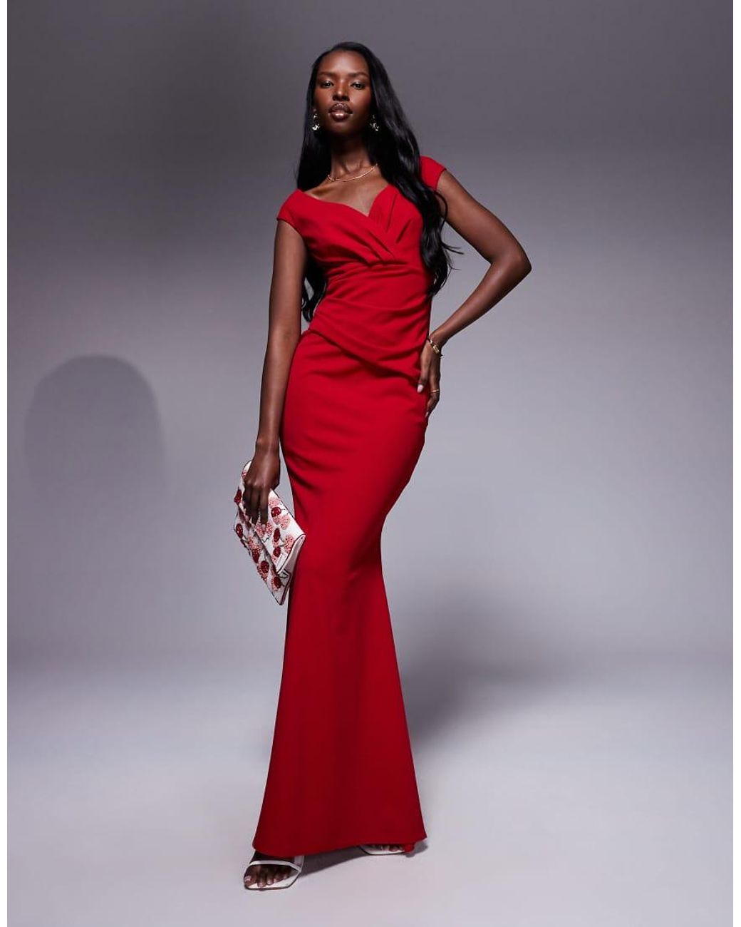 Goddiva Red Bardot Pleated Maxi Dress