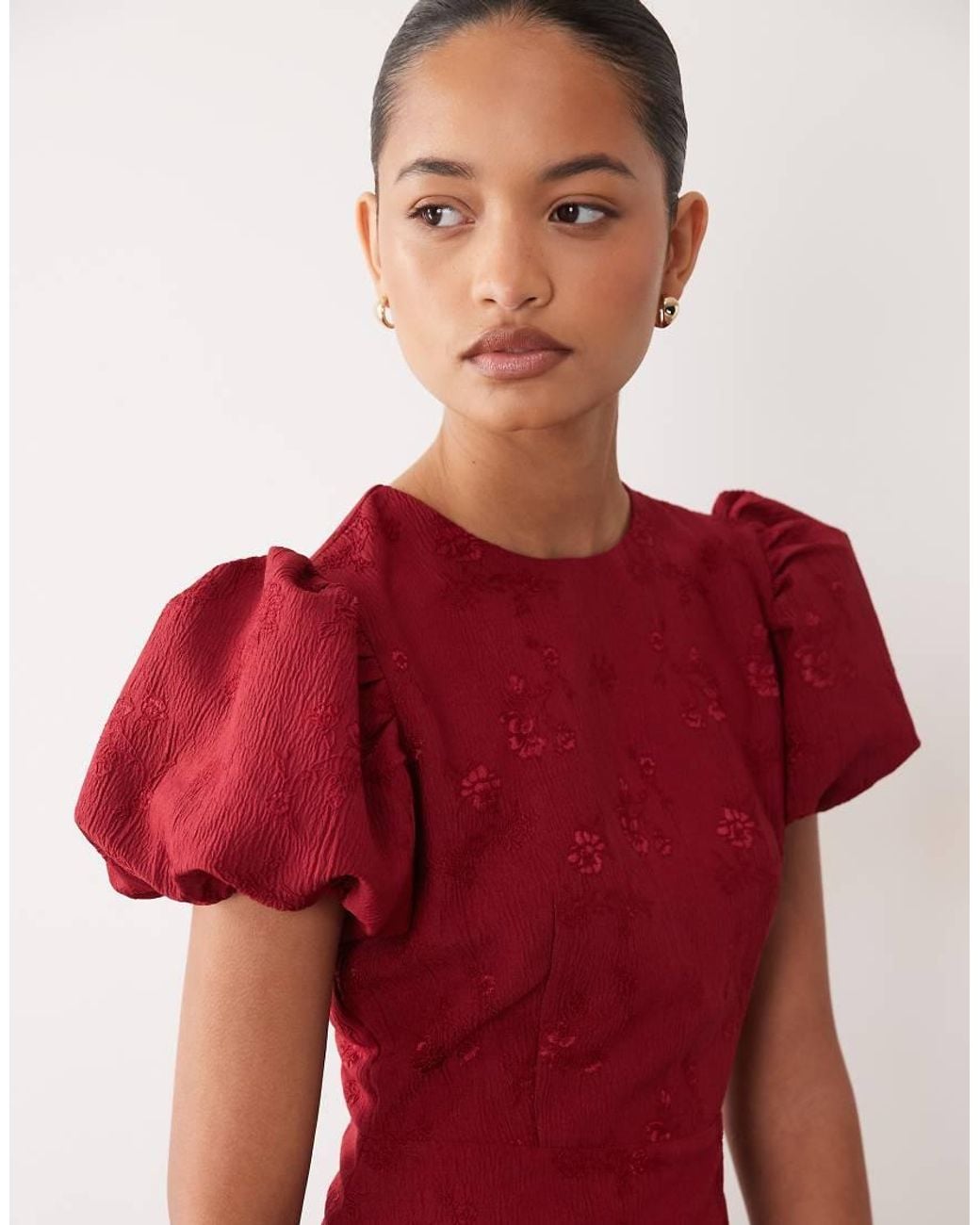 Sister Jane Exclusive Jacquard Puff Sleeve Structured Hem Midi Dress