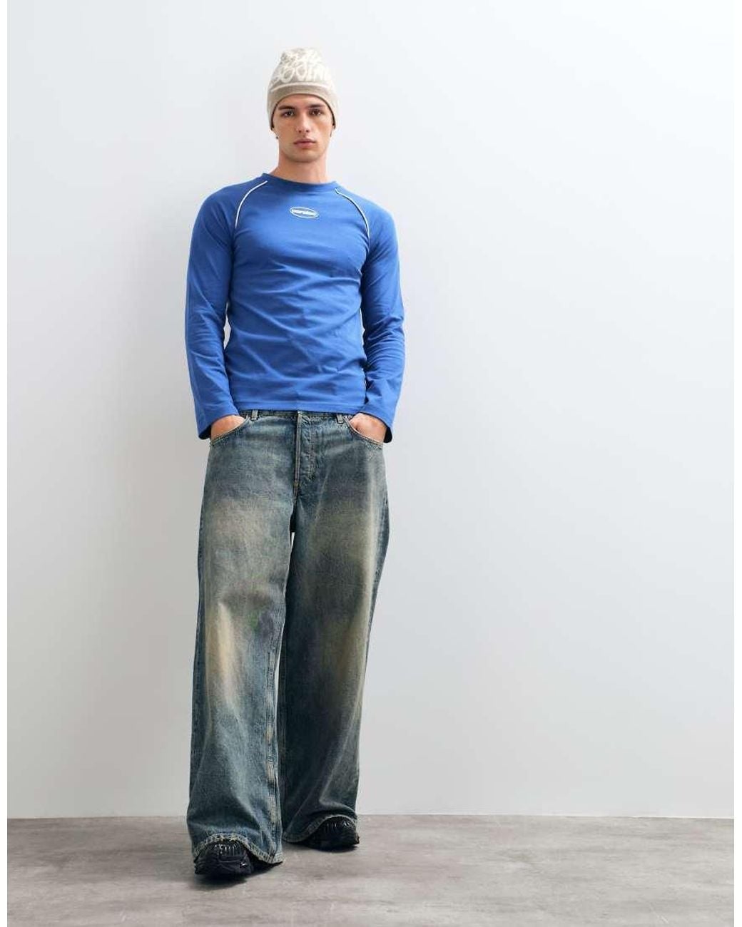 ASOS Blue Slim Fit Raglan Long Sleeve Top With Piping And Chest Logo Print for men