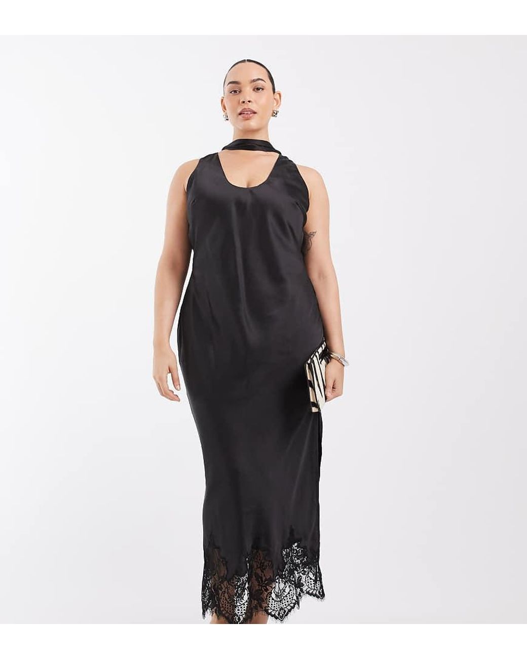 ASOS Black Asos Design Curve Satin Scoop Neck Column Maxi Dress With Lace Hem And Scarf