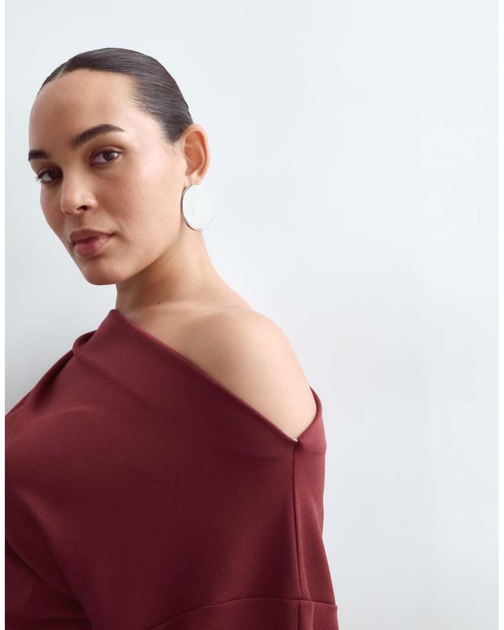 ARRANGE Red Curve Jersey Off Shoulder Long Sleeve Top With Ruched Hem