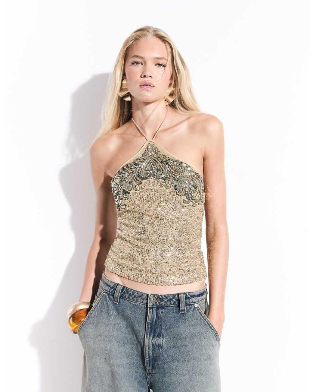 ASOS Metallic Halter Neck Embellished Sequin Cami