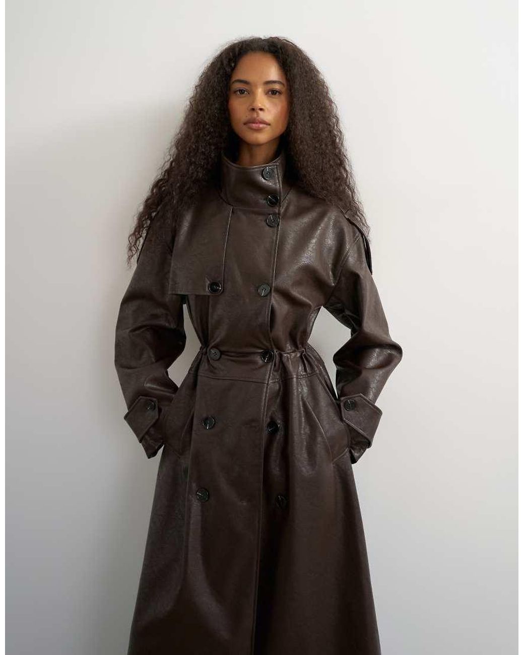 TOPSHOP Black Faux Leather Longline Cinch Waist Trench Coat