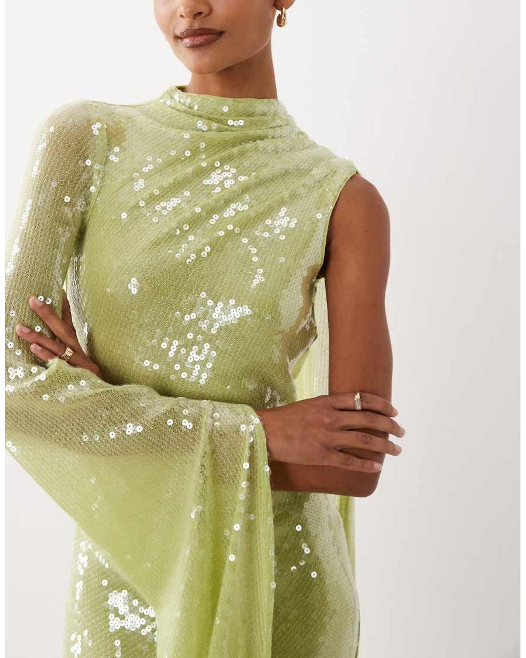 ASOS Green Sequined High Neck One Sleeve Maxi Dress