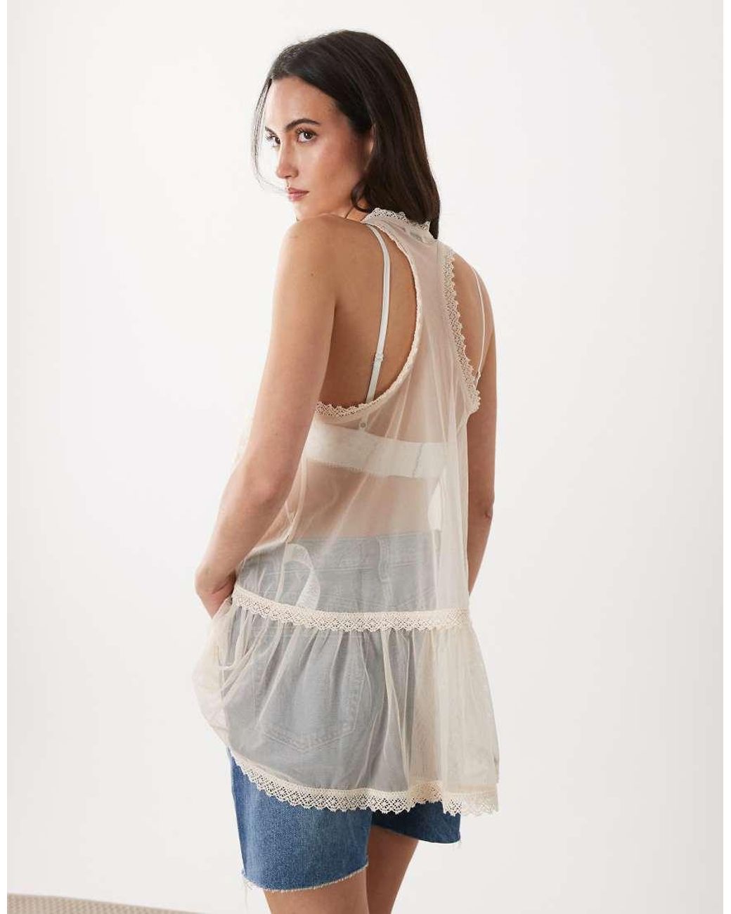 Miss Selfridge Natural Festival Embroidered Mesh Cami Top