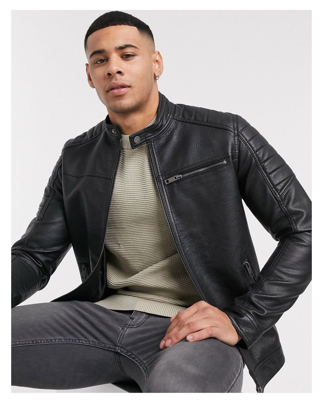 Jack & Jones Essentials Faux Leather Racer Jacket in Black for Men | Lyst  Australia