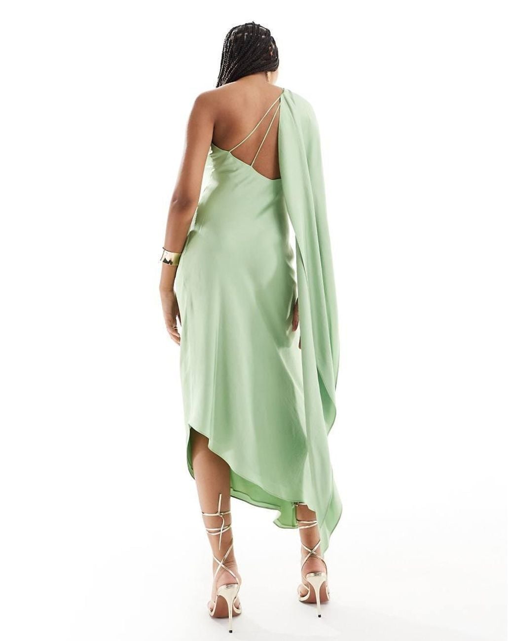Mango One Shoulder Drape Satin Midi Dress in Green | Lyst UK