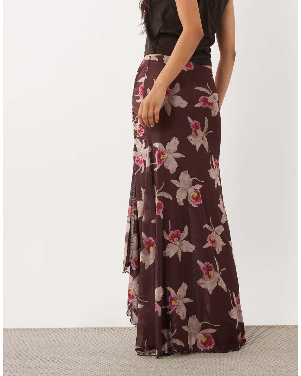 ASOS Brown Co-Ord Printed Mesh Split Hank Hem Maxi Skirt