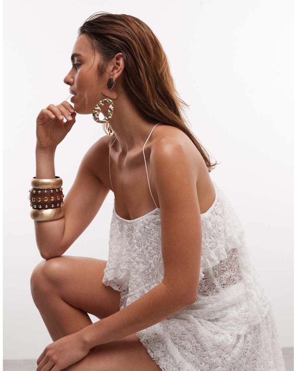 Noughts & Kisses Brown Strappy Lace Tiered Ruffle Top