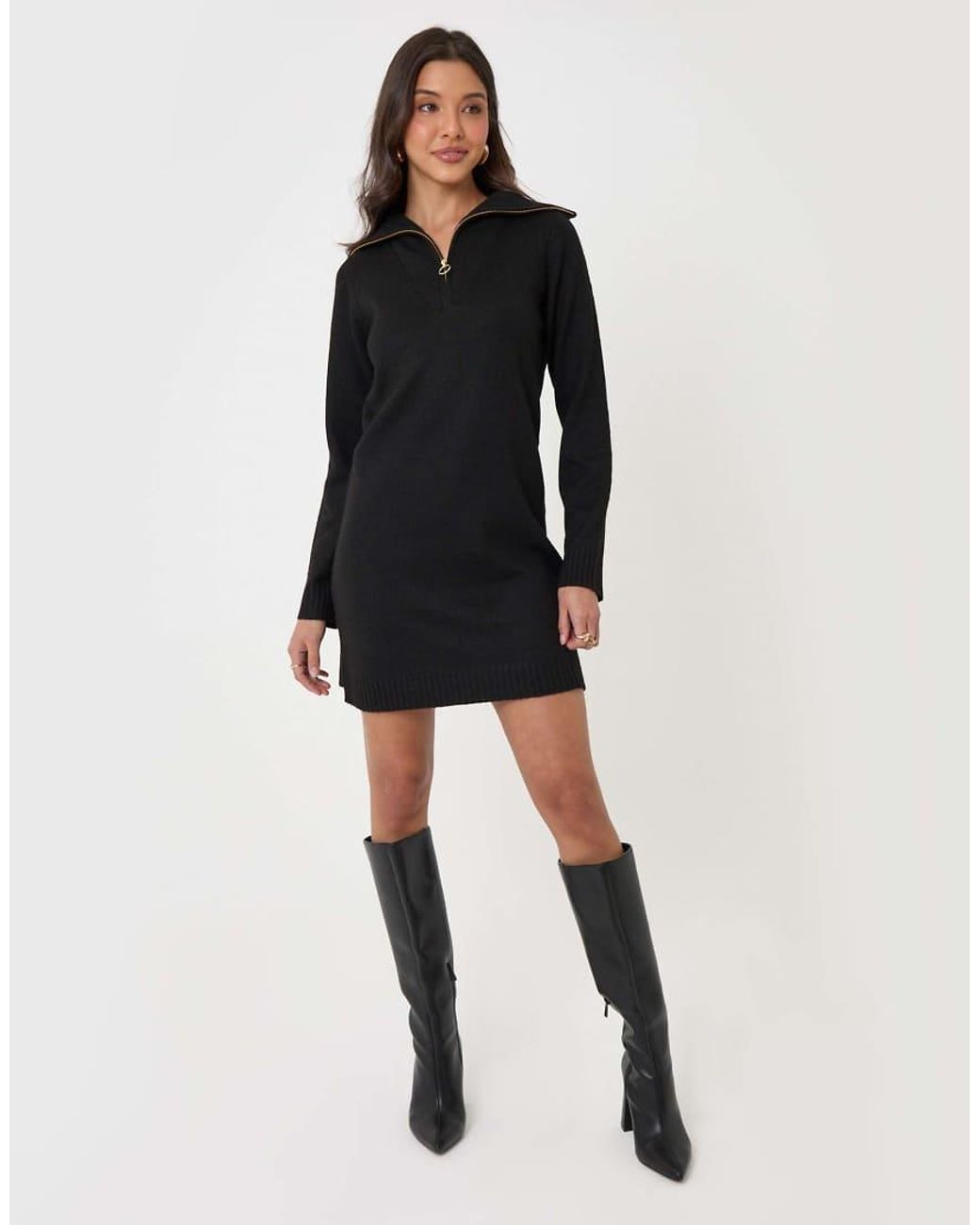 Threadbare Black Quarter Zip Brushed Knit Mini Dress