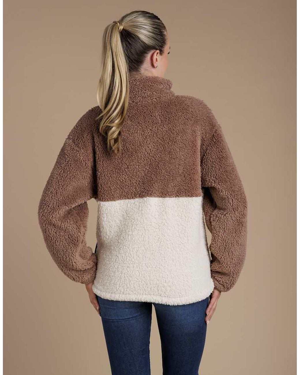 French Connection Natural Borg Colourblock High Neck 1/2 Zip Fleece Pullover
