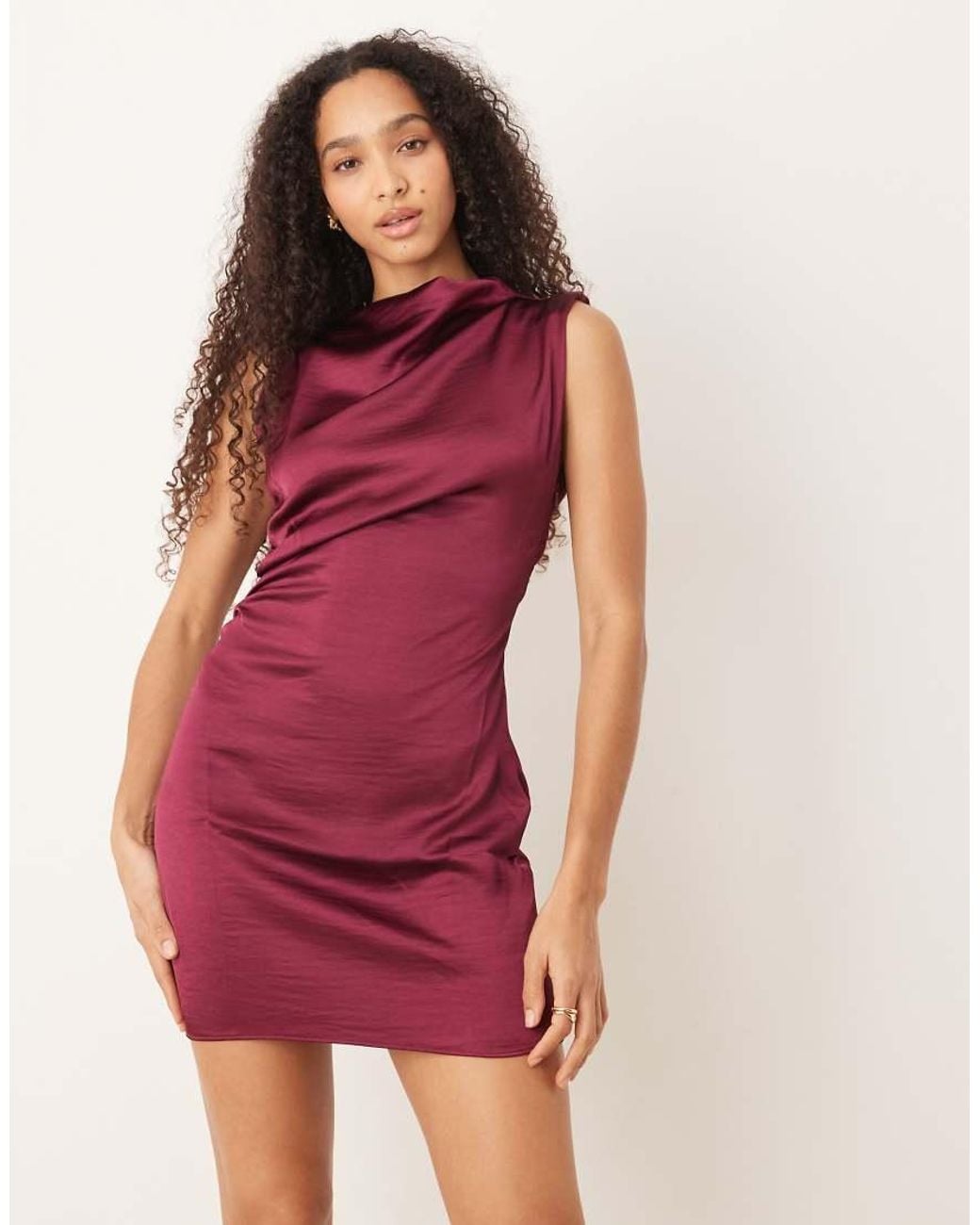 Mango Red Ruched Side Satin Sleeveless Mini Dress