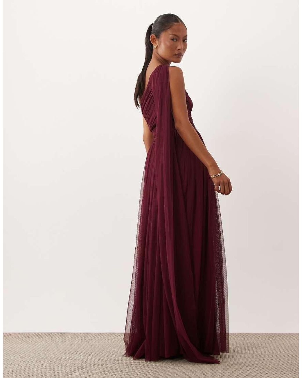LACE & BEADS Red Bridesmaid One Shoulder Scarf Neck Maxi Dress