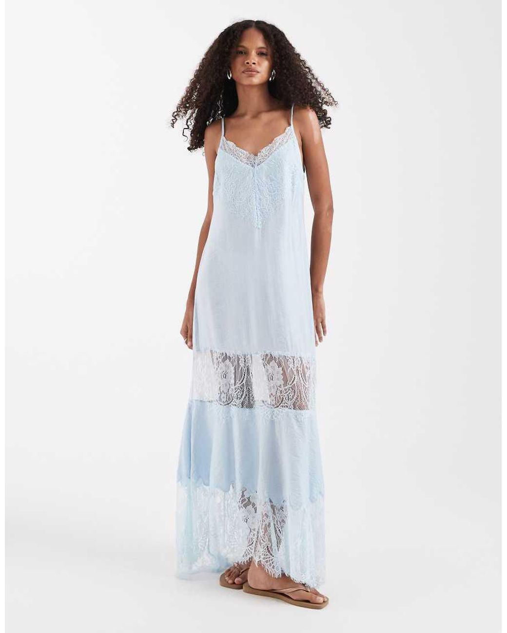 ASOS Blue Lace Insert Hanky Hem Maxi Dress