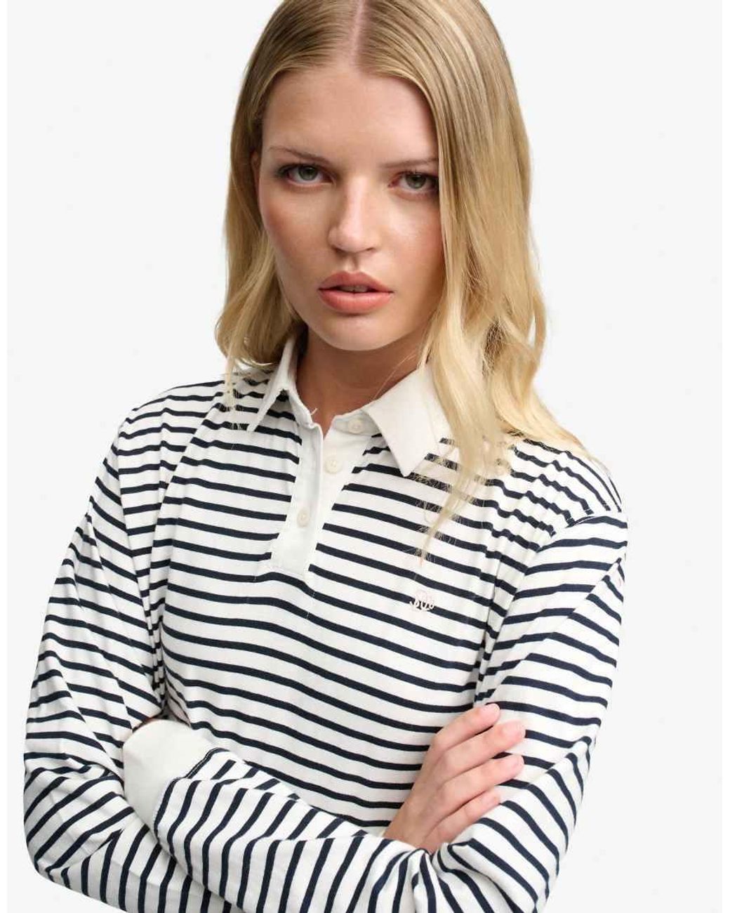 Superdry Blue Athletic Essential Cropped Stripe Rugby Top