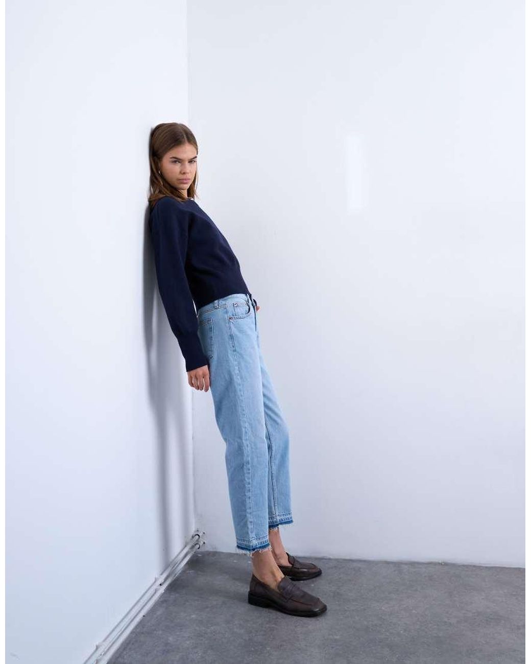 TOPSHOP Blue Runway Mid Rise Straight Cropped Jean With Let Down Hem Detail