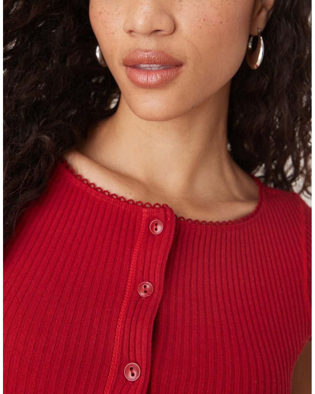 Free People Red Most Wanted Button Through Ribbed T-shirt