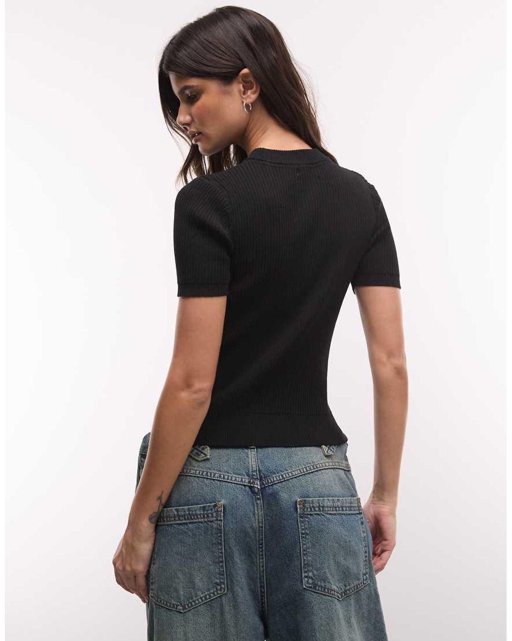 Monki Black Compact Rib Knit Short Sleeve Top