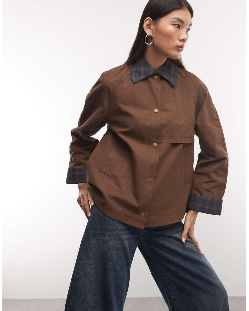 Reclaimed Vintage Brown Short Waxed Mac With Check Collar And Cuffs