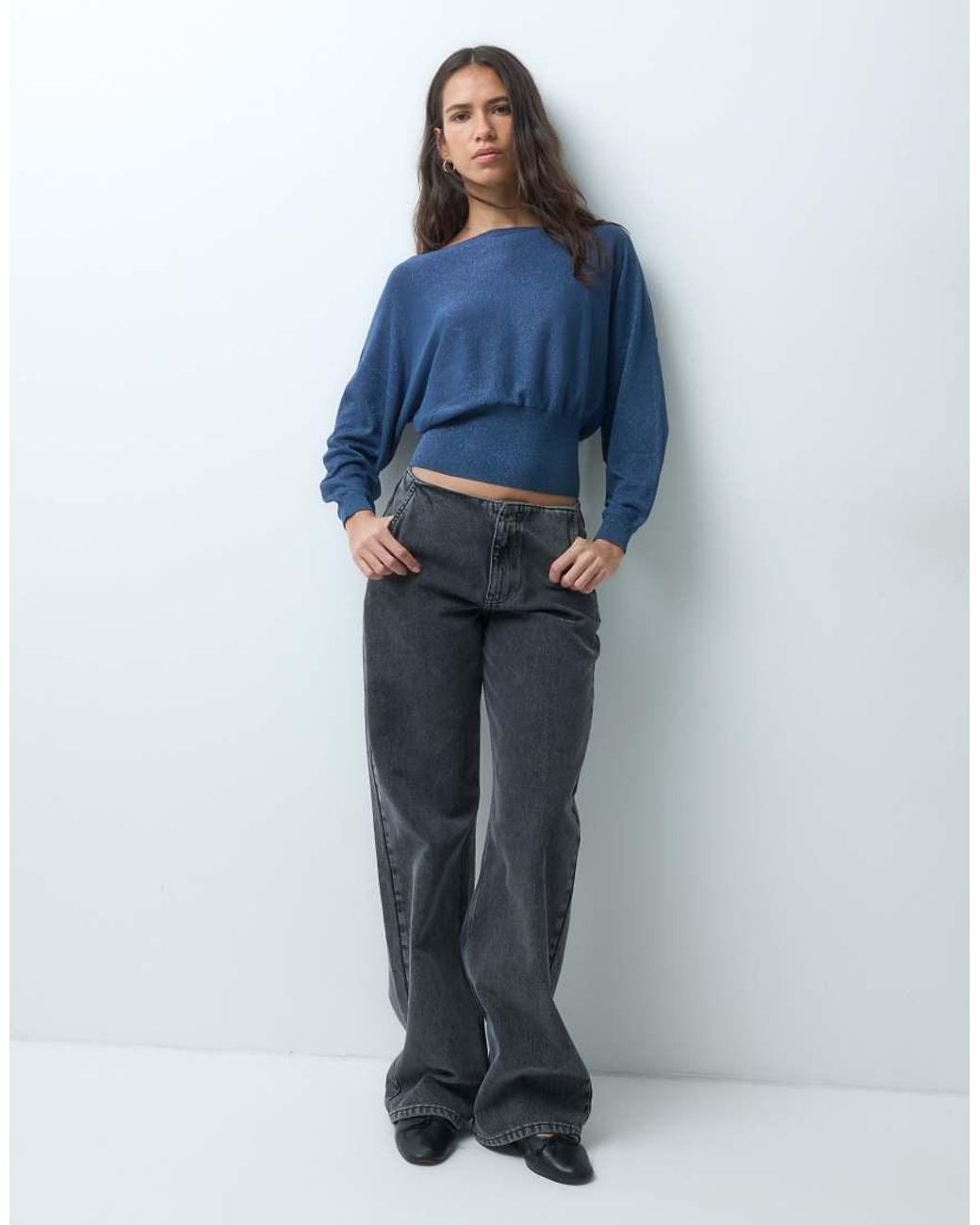 Mango Blue Teen Cinched Waist Boat Neck Knitted Top