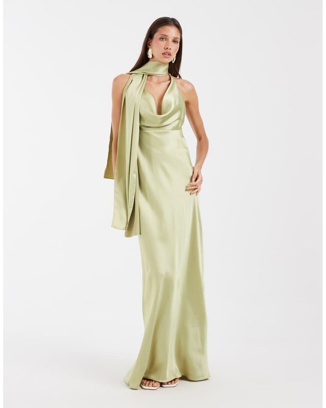 ASOS Green Satin Scarf Cowl Neck Maxi Dress