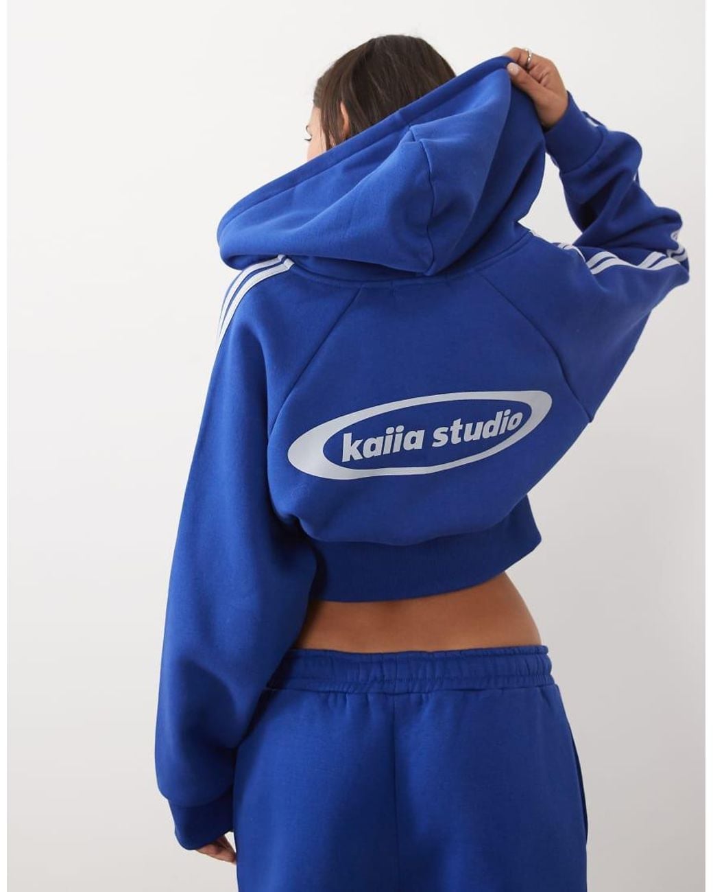 Kaiia Blue Cotton Rich Extreme Sleeve Cinched Waist Zip Through Hoodie Set