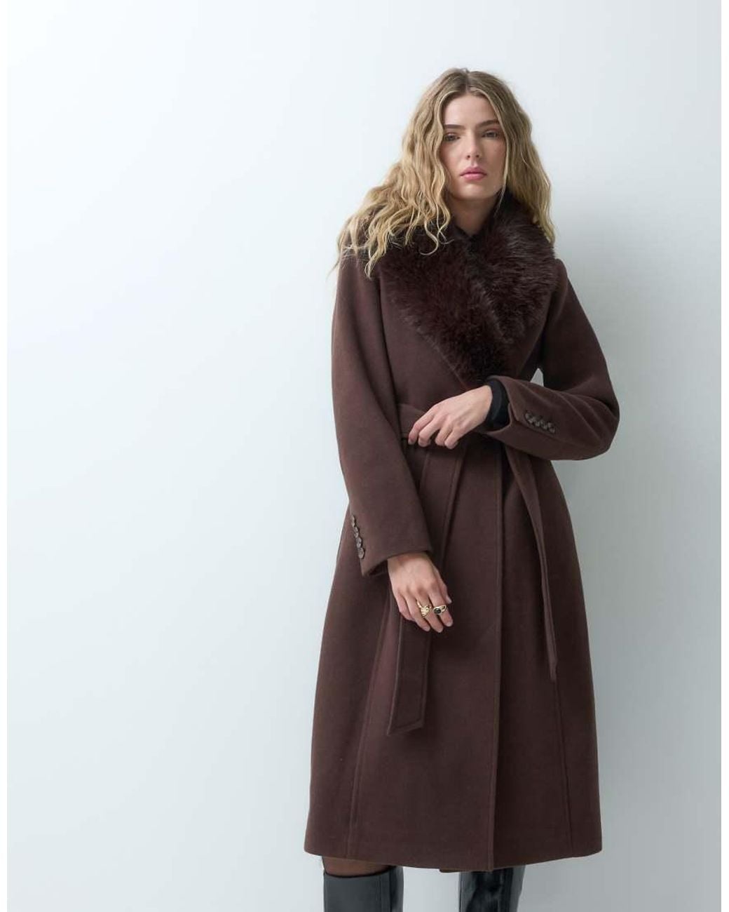 Forever New Brown Formal Belted Detachable Faux Fur Collar Longline Coat