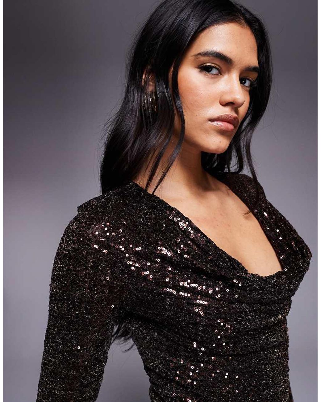 ASOS Brown Sequin Cowl Neck Long Sleeve Mini Dress