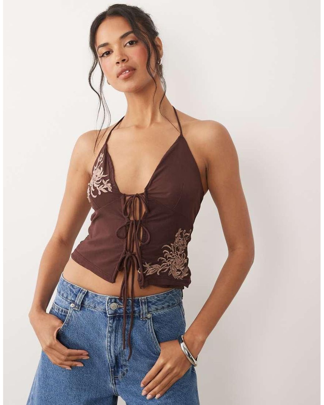 ASOS Blue Embroidered Halter Neck Split Front Cami Top