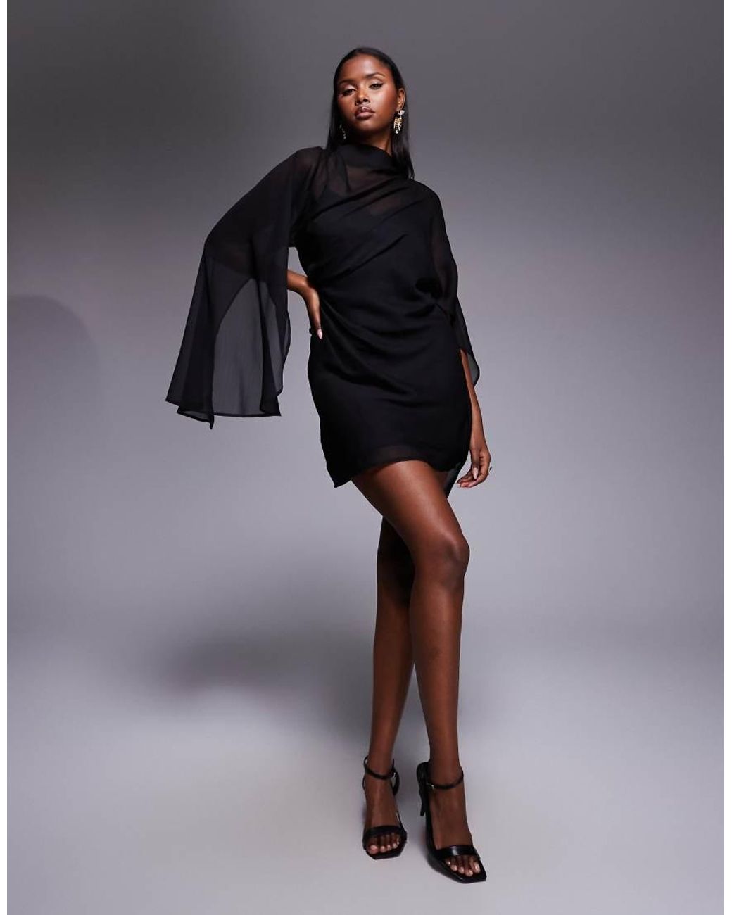 ASOS Black Drape Front Extreme Cape Sleeve Mini Dress