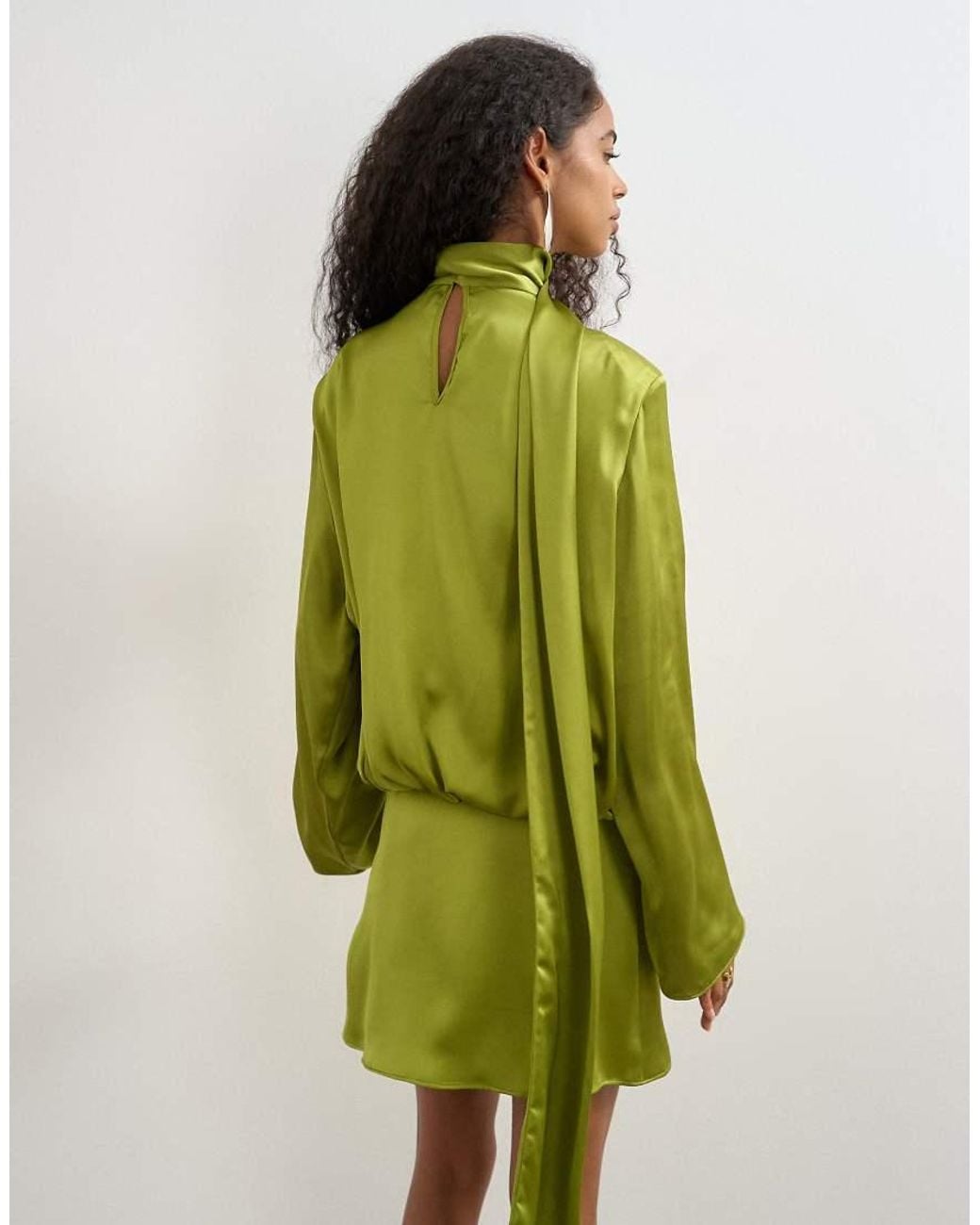 TOPSHOP Green High Scarf Tie Neck Satin Mini Dress
