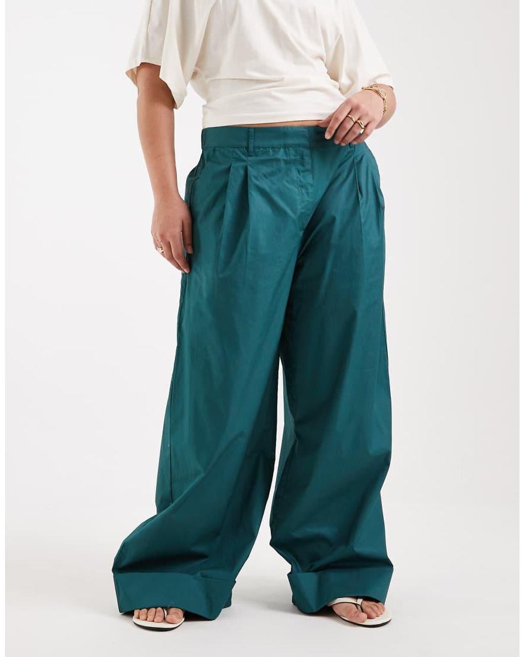 ASOS Blue Asos Design Curve Wide Leg Trousers With Turn Up