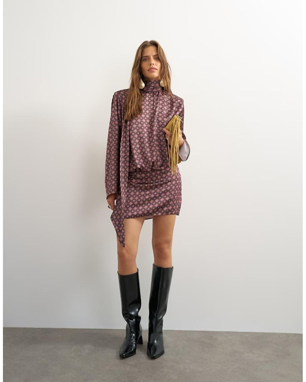 TOPSHOP Pink Satin Tie Print High Scarf Tie Neck Mini Dress